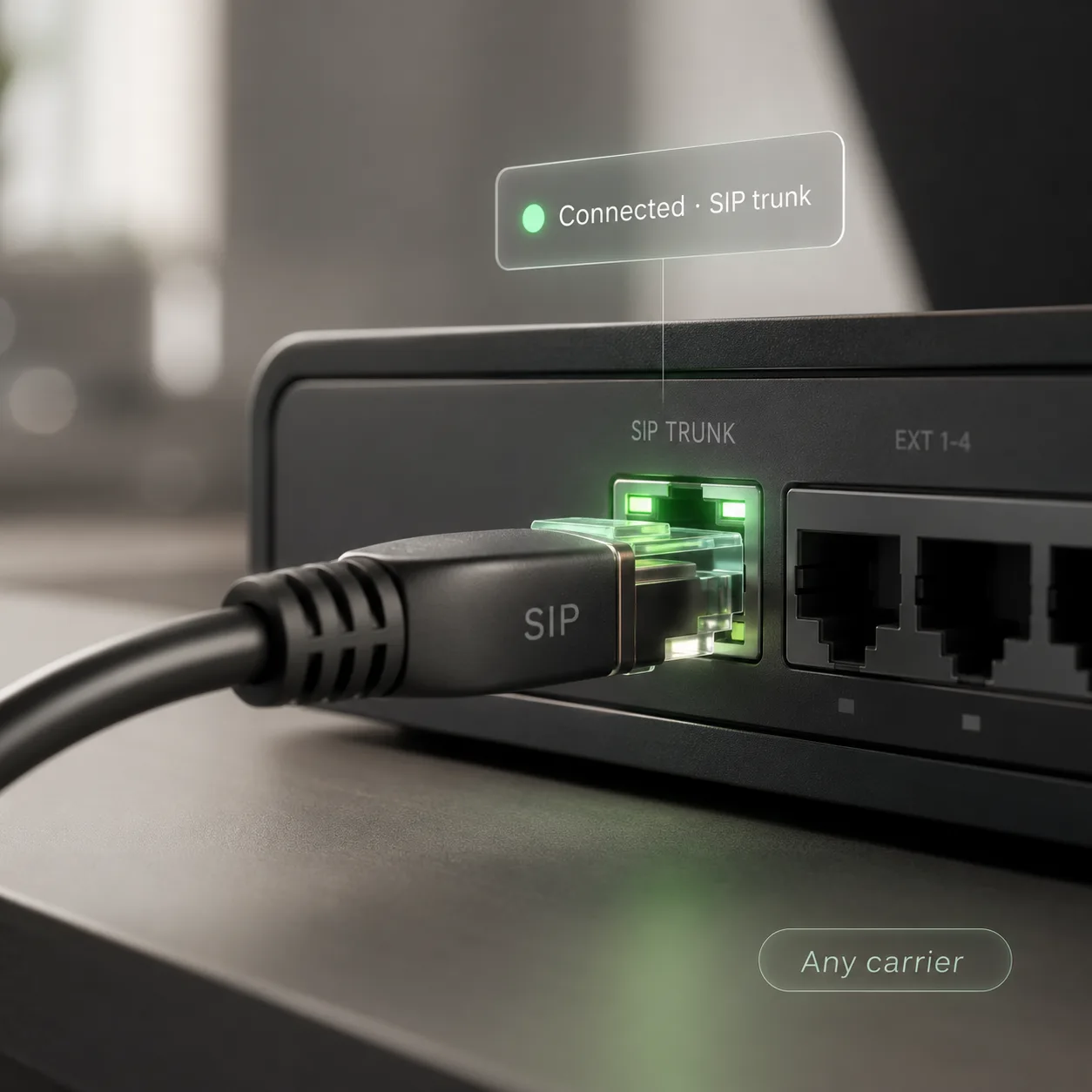 A SIP cable plugging into a phone system's SIP trunk port, glowing green and connected, beside existing extension ports — carrier-agnostic, no rip-and-replace.